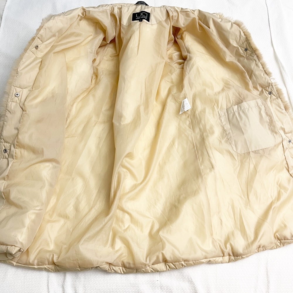 Utex Design Beige Tan Down Puffer Packable Jacket Fur Trim Long Trench Coat XL - Picture 6 of 10
